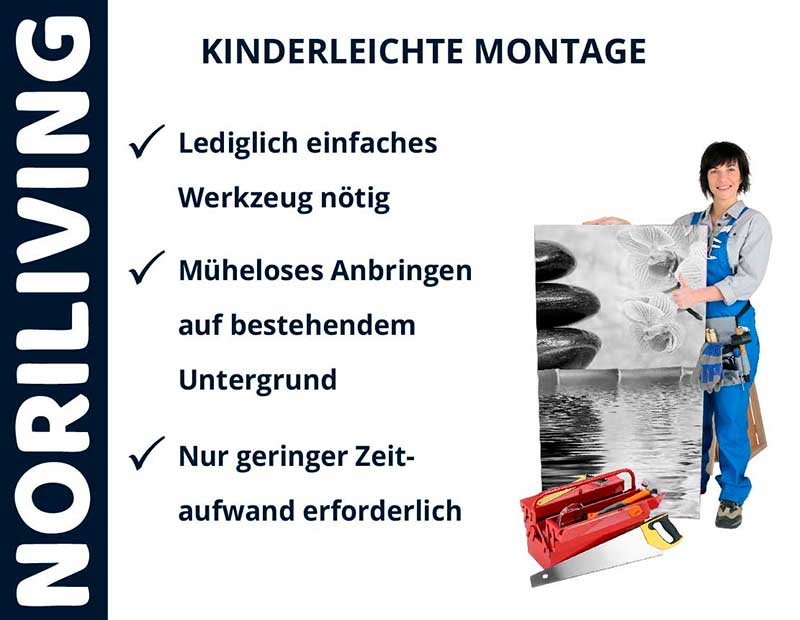 NORILIVING bietet kinderleichte Montage: Einfaches Werkzeug, müheloses Anbringen auf bestehendem Untergrund und geringer Zeitaufwand.