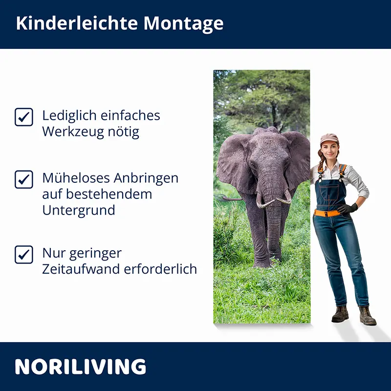 Wandbild Elefant mit Monteurin, einfache Montage