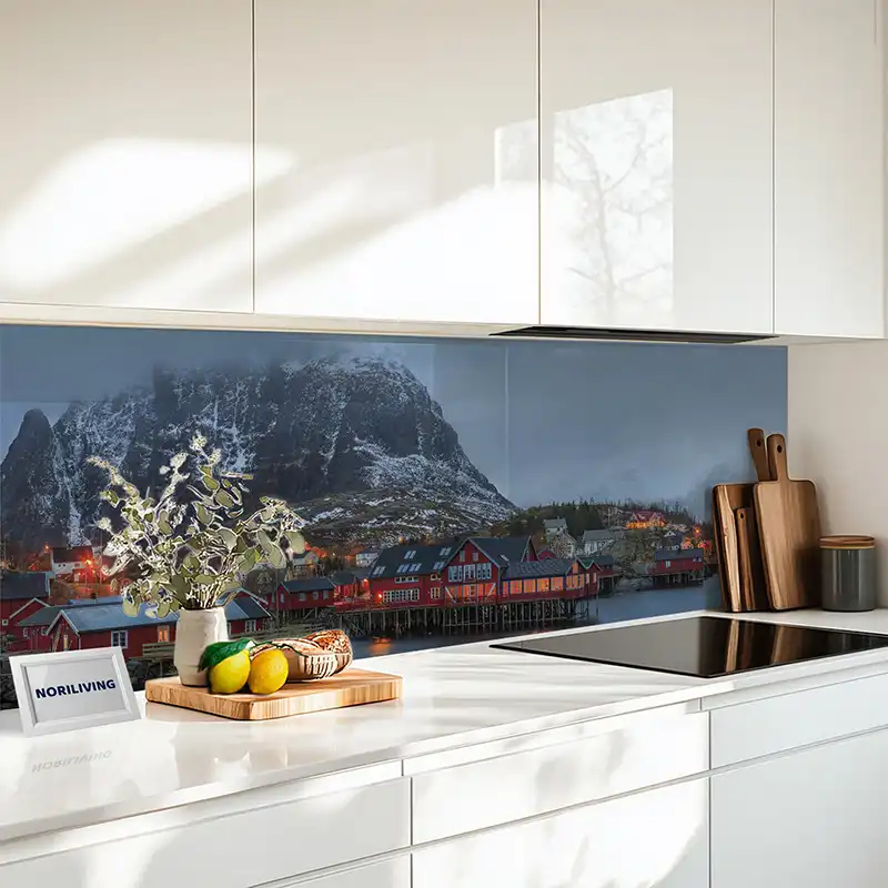 Küchenrückwand Echtglasoptik Profiline Abenddämmerung in einem Fischerdorf Norwegen 324