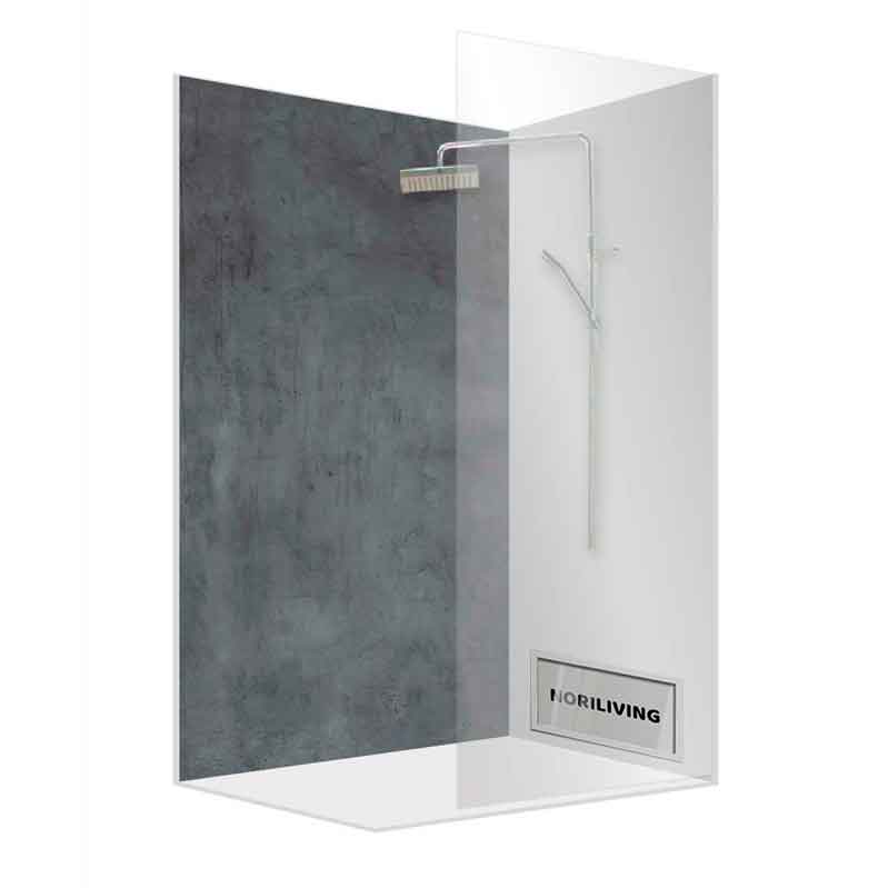 Moderne Duschkabine mit minimalistischer Glaswand Elegante Duschkabine mit Glaswand und grauer Rückwand in modernem Design