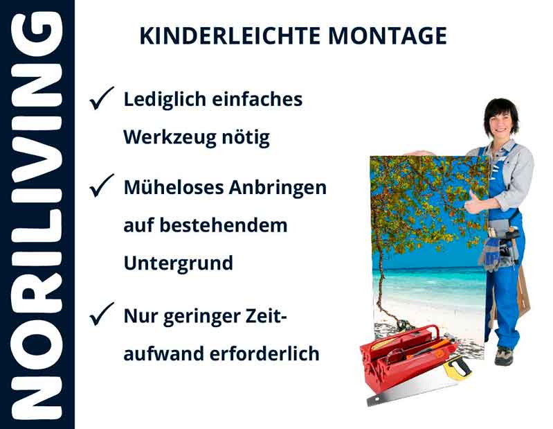 Person zeigt Wandbild vor tropischem Hintergrund mit Hinweisen zur einfachen Montage von Noriliving