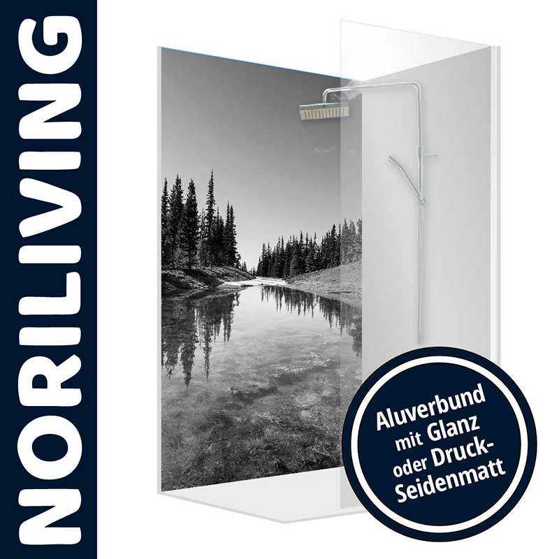 Duschwand mit schwarzem und weißem Landschaftsmotiv, Glanz oder Seidenmatt Ausführung verfügbar