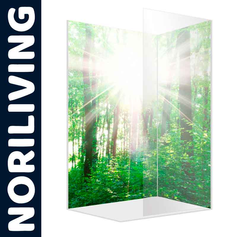 Duschabtrennung von NORILIVING mit Waldmotiv und Sonnenstrahlen, transparent