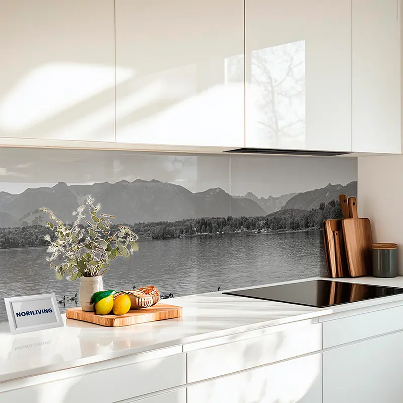 Küchenrückwand Echtglasoptik Profiline Alpenblick am Horizont und Enten auf dem See 734 schwarz-weiß