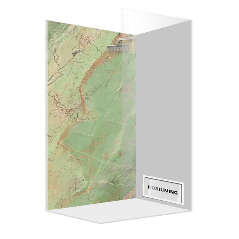 Grüne Duschwand in Marmor-Optik von Noriliving, perfekte Ergänzung für stilvolles Badezimmer.