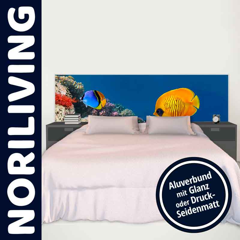 Moderne Schlafzimmer-Dekoration mit einem farbenfrohen Ozean-Motiv auf dem Bettkopfteil, umgeben von Korallen und Fischen. Aluverbund-Material in Glanz oder Druck-Seidenmatt.