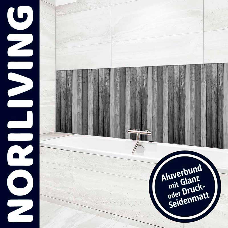 Moderne Badgestaltung mit Aluverbundverkleidung, erhältlich in Glanz oder Druck-Seidenmatt, von Noriliving.