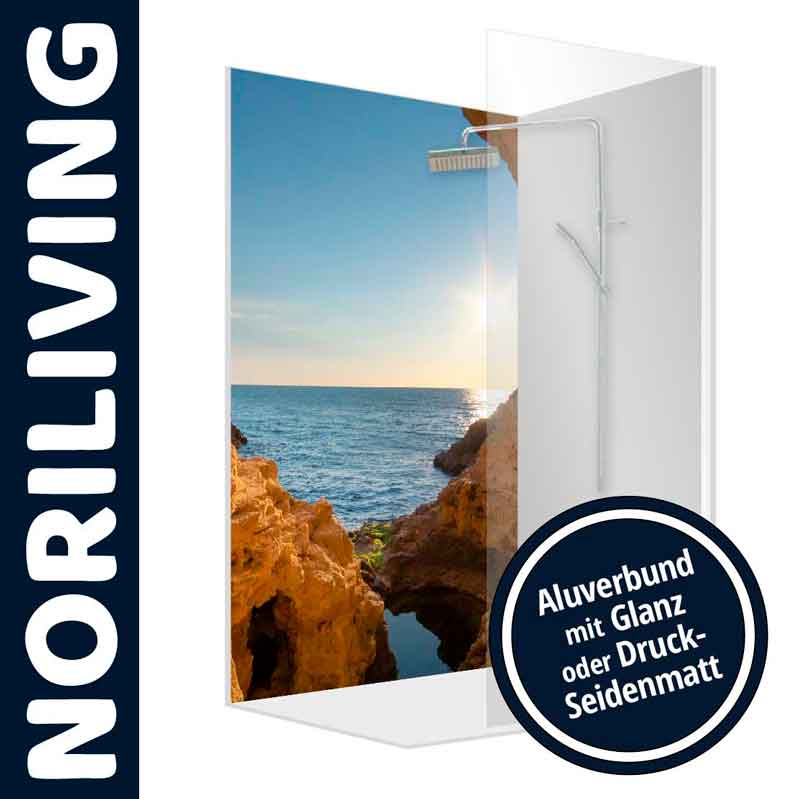 Duschwand mit mediterranem Küstenmotiv auf Alu-Verbund Duschwand mit Küstenbild, Alu-Verbund in Glanz oder Druck-Seidenmatt, NORILIVING