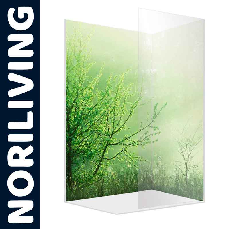 Duschabtrennung von Noriliving zeigt einen grünen Baum im Nebel