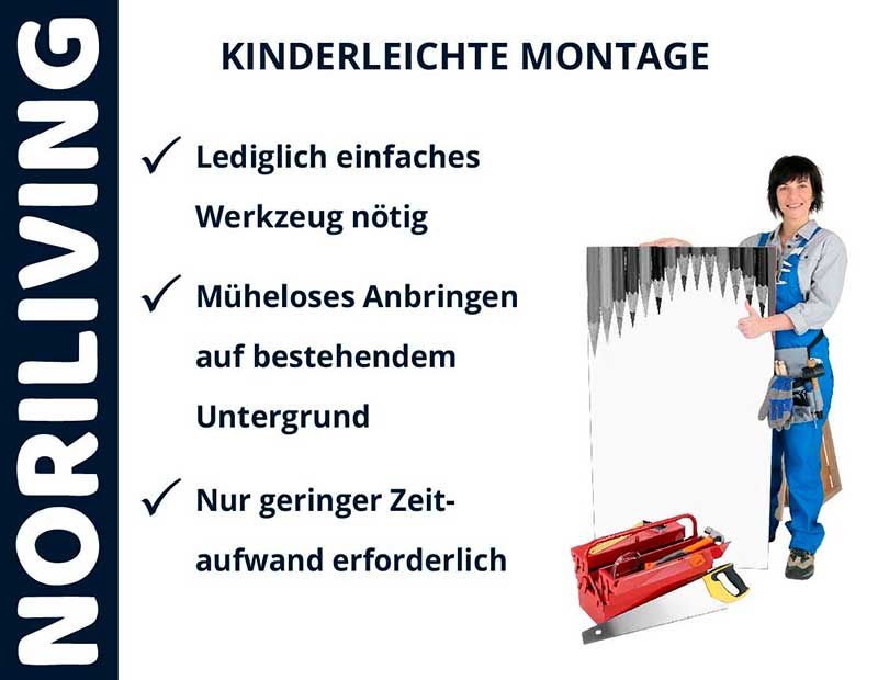 Plakat mit Montagevorteilen von NORILIVING: Einfaches Werkzeug, müheloses Anbringen und geringer Zeitaufwand. Handwerker mit Werkzeug zeigt eine Säge.