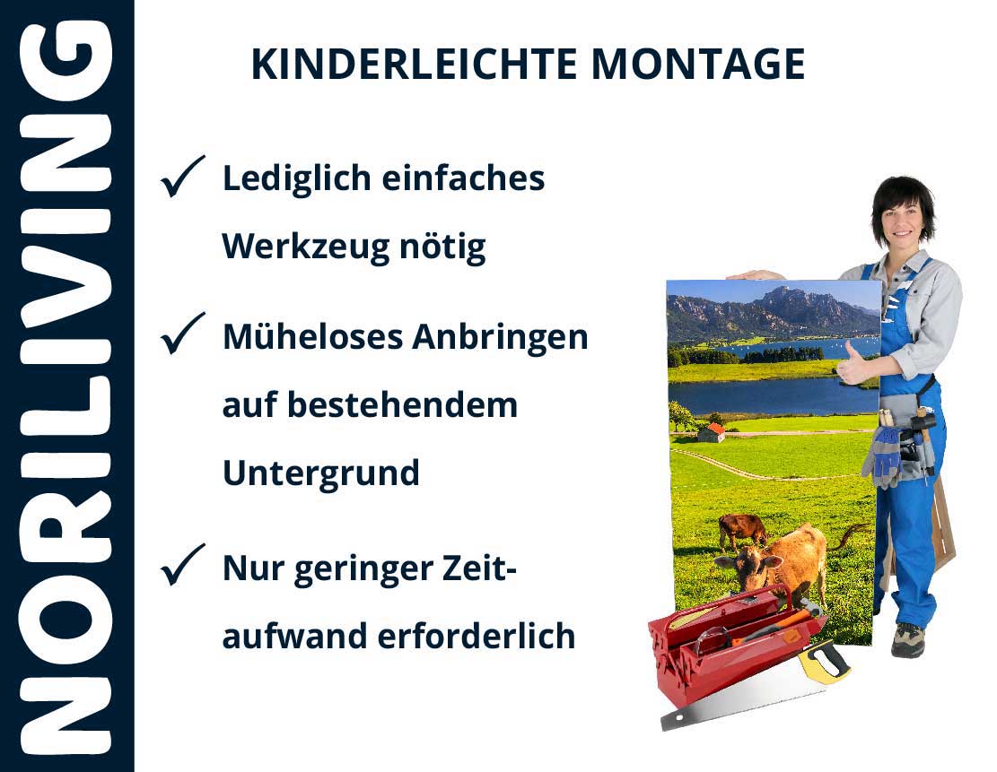 Einfacher Aufbau mit minimalem Werkzeugaufwand Person zeigt kinderleichte Montage mit Werkzeug und Landschaftsbild
