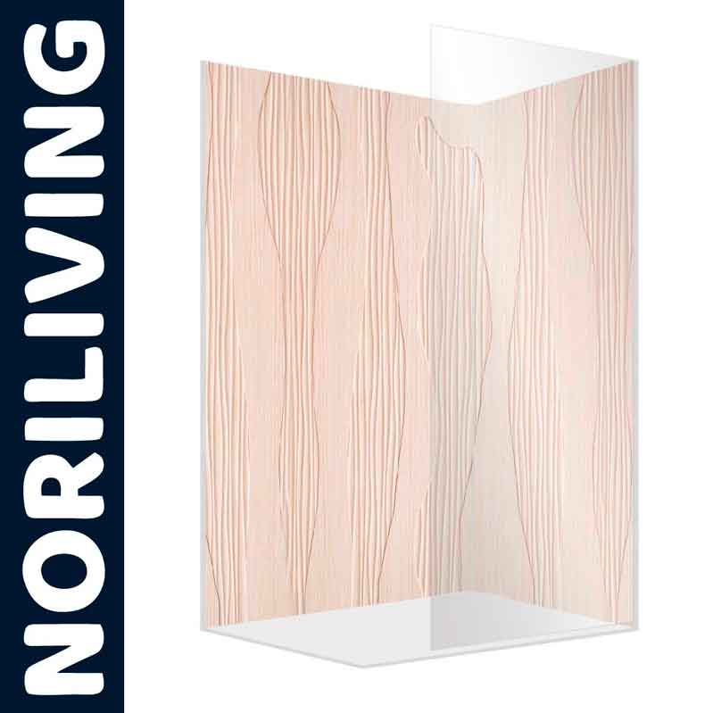 Dekorative Kunststoff-Eckverkleidung mit Holzmaserung auf weißem Hintergrund, Markenname links sichtbar