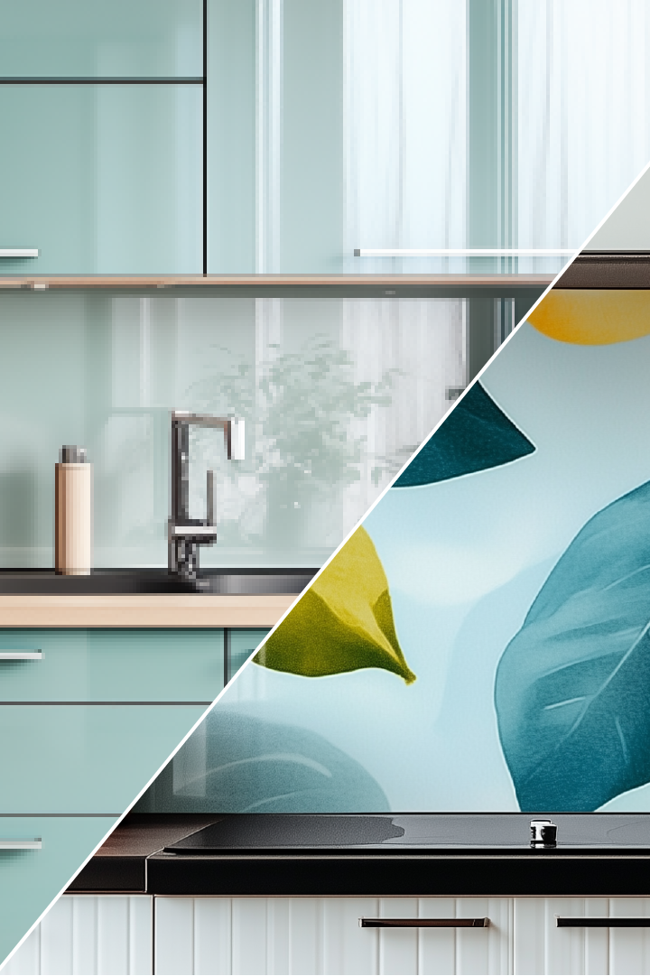 Moderne Küche mit Klebefolien für individuelle Gestaltung Küche mit blauen Klebefolien, dekoriert mit Pflanzenmotiven, und einer modernen Armatur