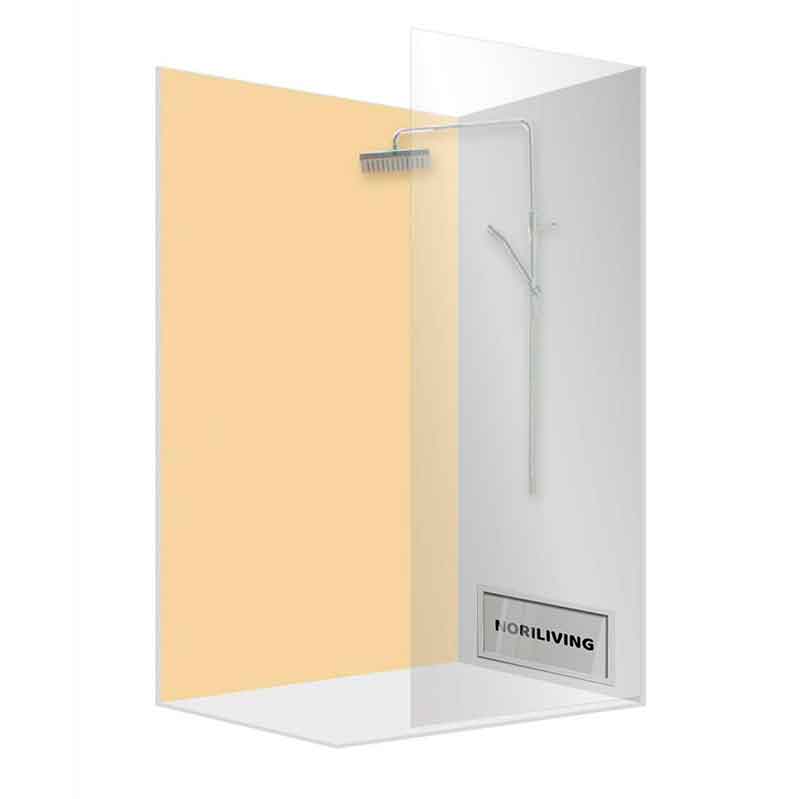 Bild einer modernen Duschkabine mit klarer Glaswand, stilvoller Regenbrause und NORILIVING-Logo