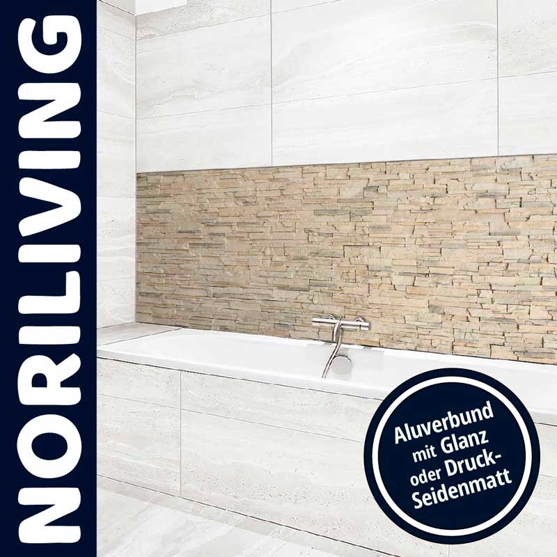 Moderne Badezimmergestaltung mit NORILIVING Aluverbund Wandverkleidung in Steinoptik vor einer Badewanne