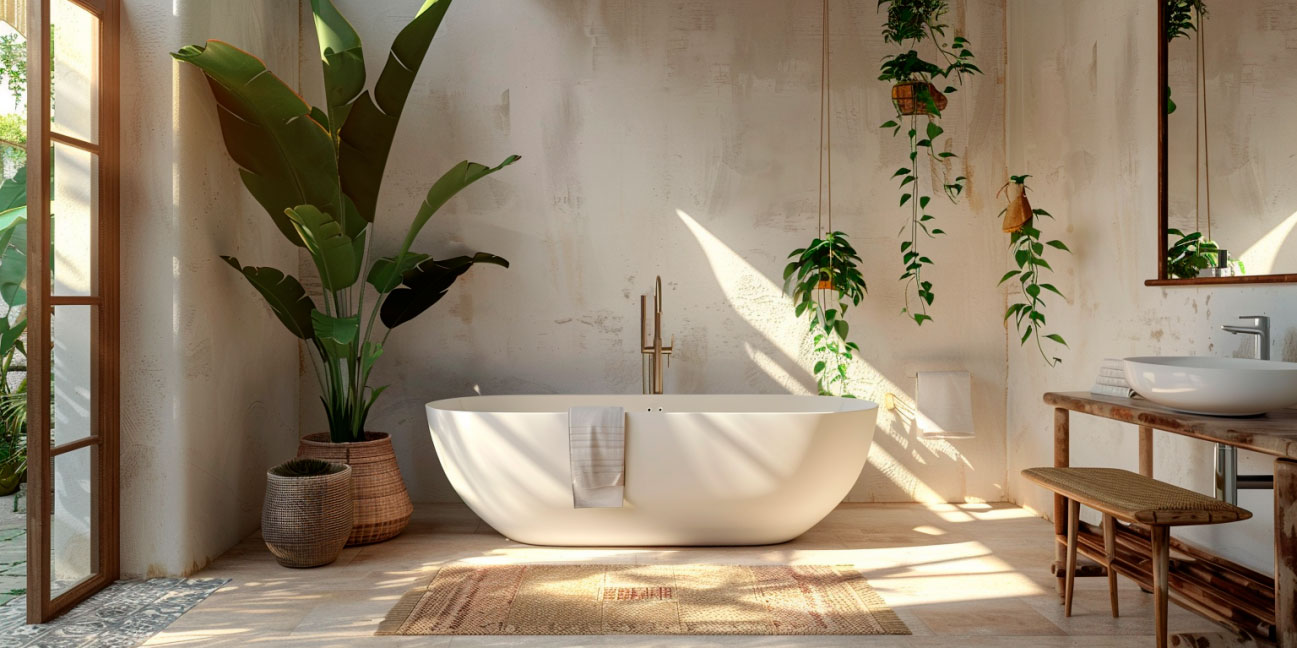 Helles Badezimmer mit freistehender Badewanne, großen grünen Pflanzen und stilvollen Holzmöbeln.