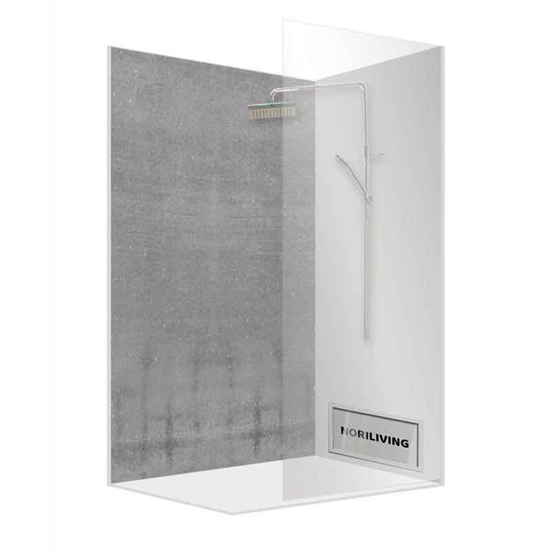 Moderne Duschkabine mit transparenten Glaswänden, grauer Rückwand und Regenduschkopf