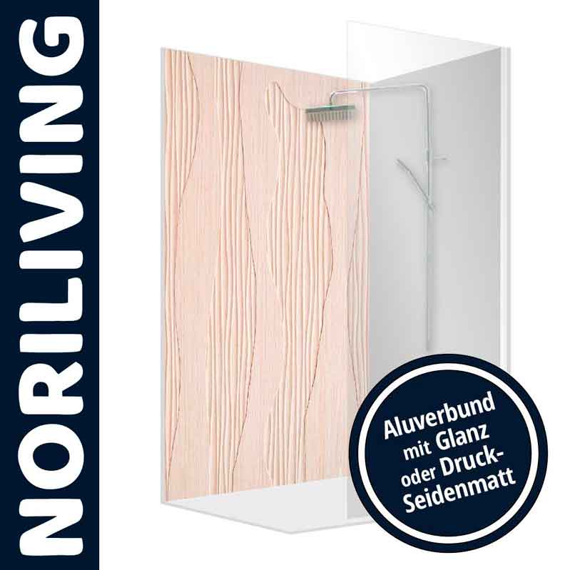 Duschrückwand von NORILIVING aus Aluverbund erhältlich in Glanz oder Druck-Seidenmatt