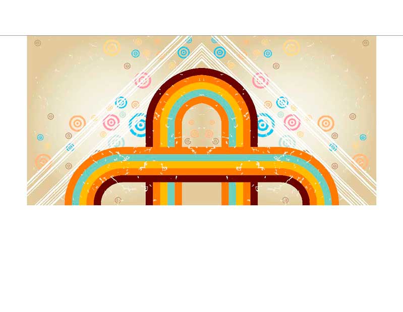 Illustration mit bunten, gewölbten Linien und verschiedenen Kreisen auf beigem Hintergrund, im Retro-Stil gehalten.