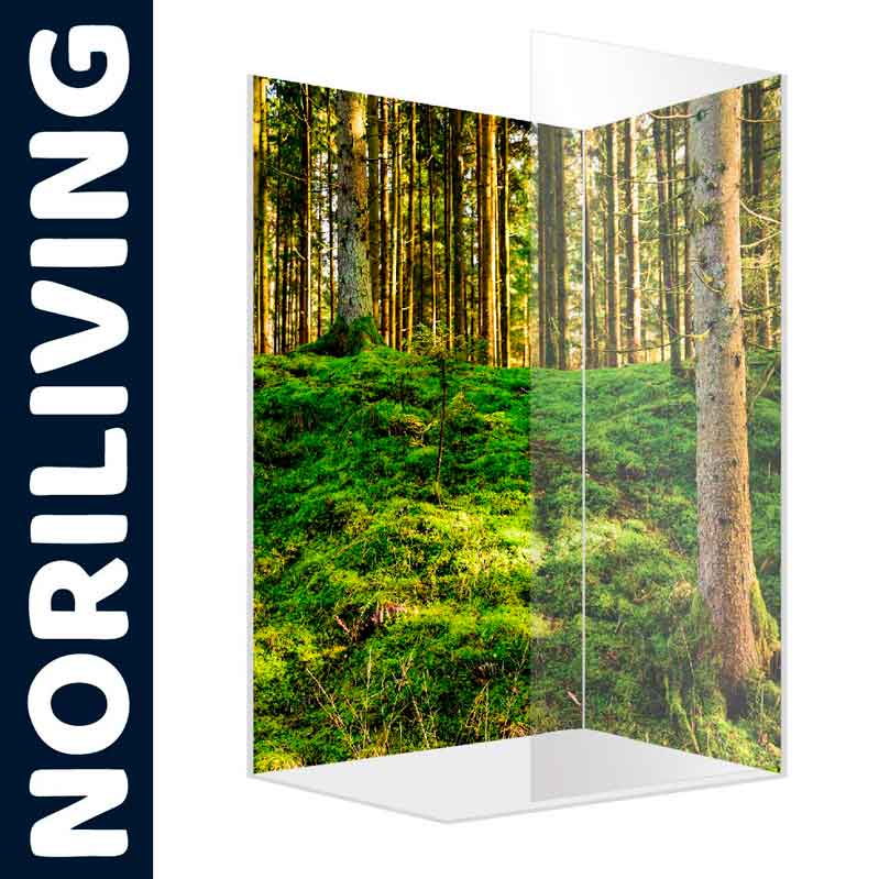 Duschabtrennung von NORILIVING mit Wald-Design Transparente Duschabtrennung von NORILIVING, bedruckt mit einem grünen Waldmotiv