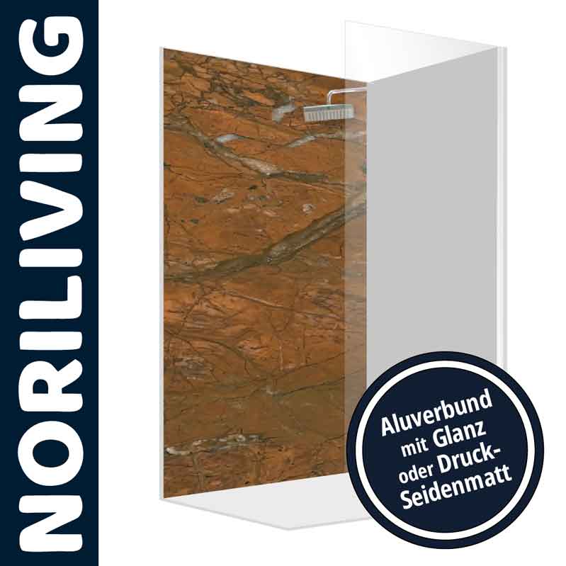 Duschwand von Noriliving aus Aluverbund mit braunem Marmordesign und Glanz- bzw. Druck-Seidenmatt-Finish