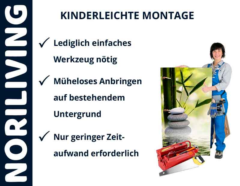 Person hält ein Bild, daneben Text mit Montageinformationen von NORILIVING