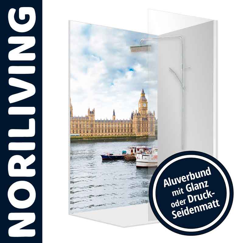 Duschwand von Noriliving mit fotorealistischem Motiv des Big Ben, erhältlich in Aluverbund glänzend oder Druck seidenmatt