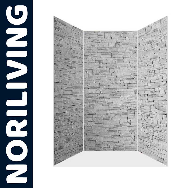 Steinoptik-Wandpaneele im Eckdesign auf weißem Hintergrund mit Noriliving-Logo