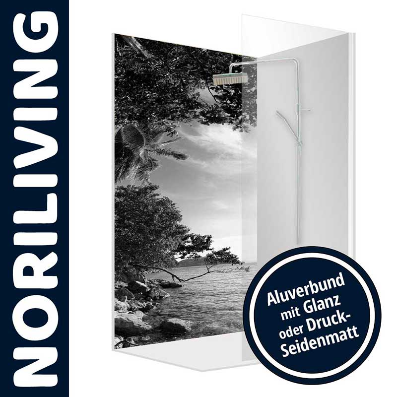 Schwarze und weiße Duschwand mit Landschaftsmotiv aus Alubund, glänzend oder seidenmatt bedruckt