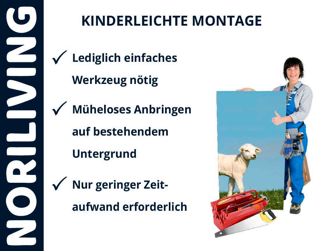 NORILIVING bietet kinderleichte Montage ohne großen Aufwand Plakat von NORILIVING mit einfacher Montageanleitung und freundlicher Person mit Werkzeug und Schafbild