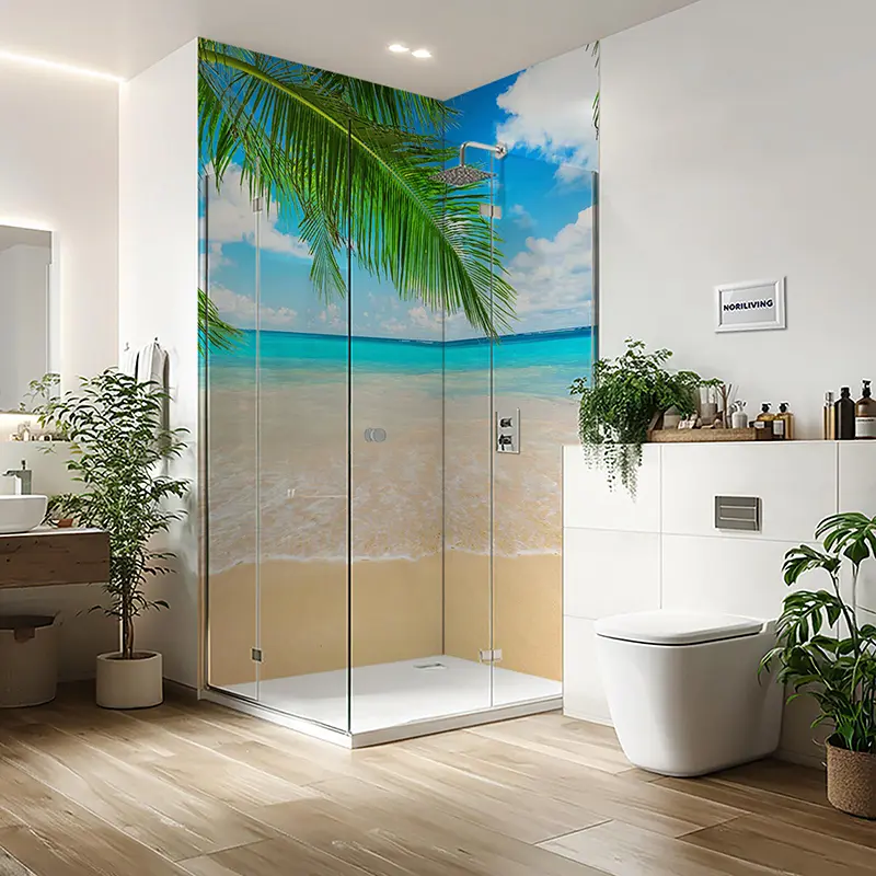 Duschrückwand Einzel | Ecke | Nische | Alu Kokospalmblätter mit Blick auf das Meer 845