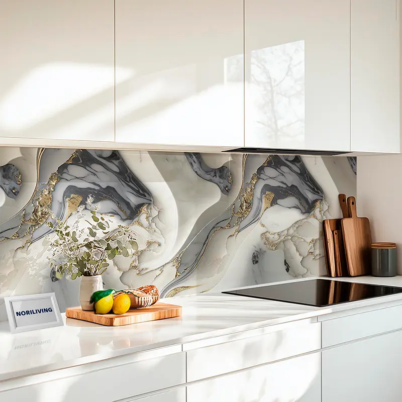Küchenrückwand Alu Marmor hell- und mittelgrau mit goldfarbigen Einschlüssen 063