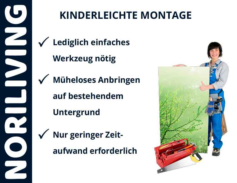 Person mit Werkzeug präsentiert einfache Montagemöglichkeiten von Noriliving mit minimalem Zeitaufwand