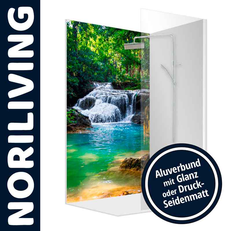 Duschwand von NORILIVING mit Naturmotiv eines Wasserfalls, erhältlich in Aluverbund Glanz oder Druck-Seidenmatt
