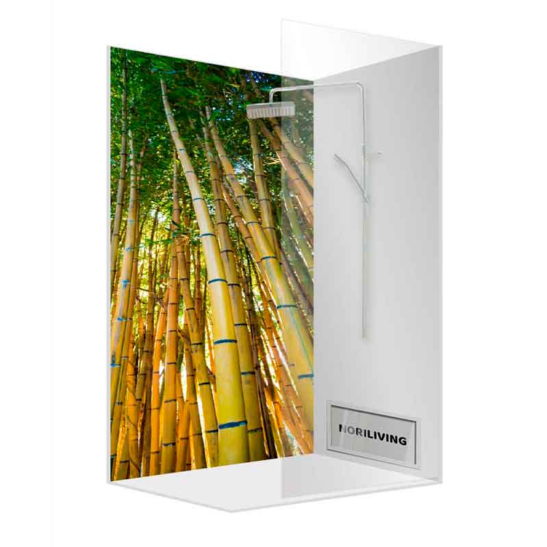 Duschwand mit Bambus-Design und Duscharmatur von Noriliving