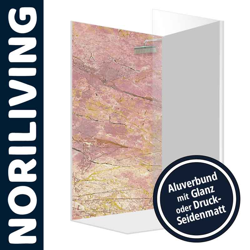 Rosa Marmor-Look Duschwand von Noriliving aus Aluverbund mit Glanz- oder Seidenmatt-Oberfläche