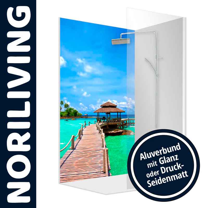 Grafik einer Duschwand von NORILIVING, zeigt ein Alu-Duschpaneel mit tropischem Strandmotiv und Pavillon