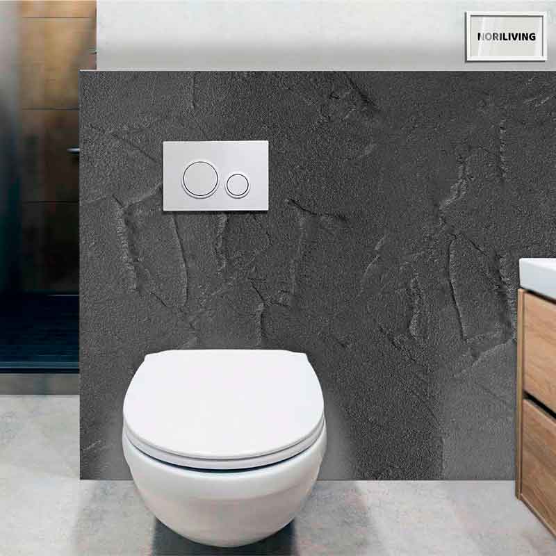 Modernes Wand-WC mit stilvoller Spülwand Ein modernes Wand-WC mit einer eleganten grauen Spülwand und einem weißen Spülkastenknopf