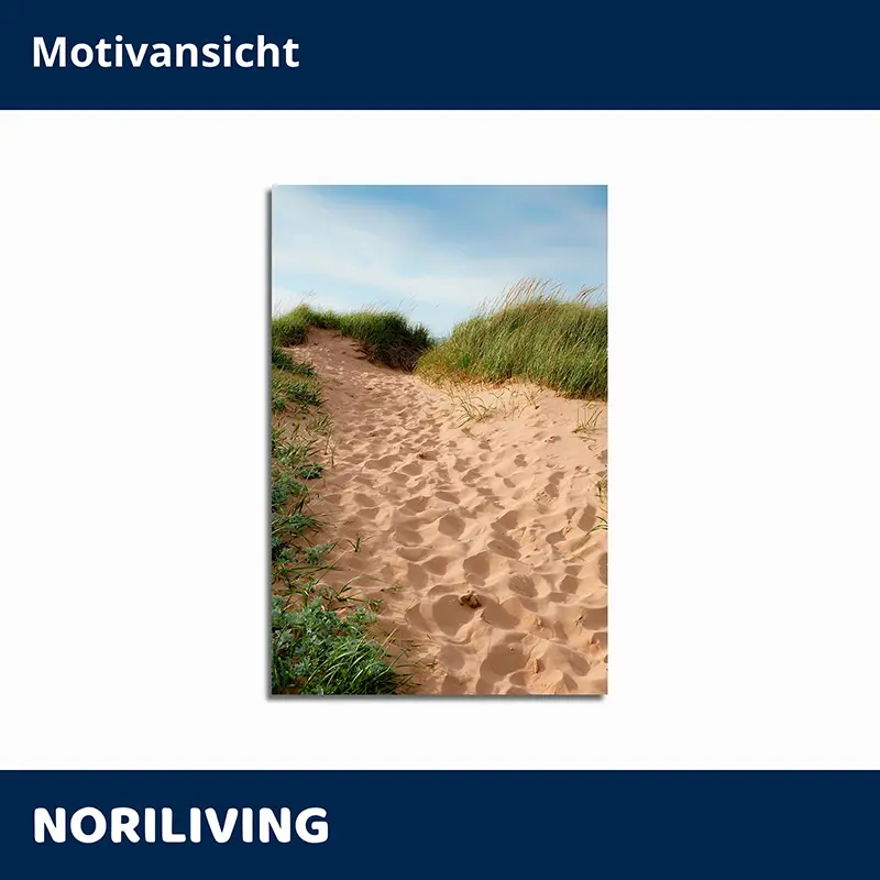 Dünenpfad im Sand mit Fußspuren und Strandgras