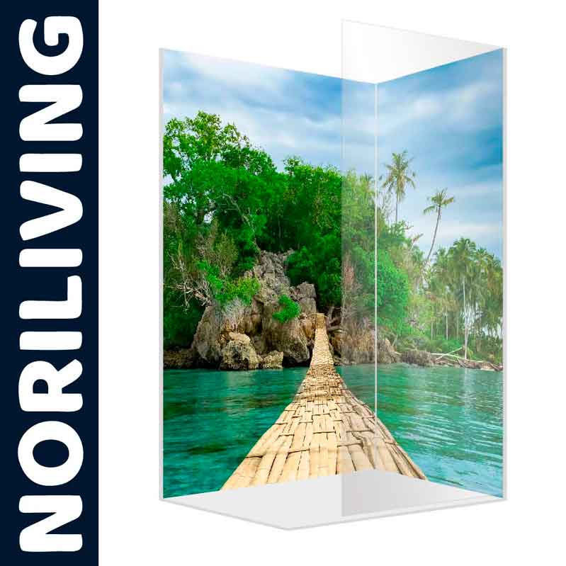 Noriliving Duschwand mit tropischem Inselmotiv Duschwand mit Motiv eines Bambusstegs zu tropischer Insel von Noriliving