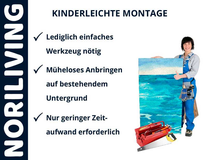 Noriliving Poster mit kinderleichter Montageanleitung und einer Person, die ein Bild hält. Erläuterungen zur einfachen Anbringung ohne viel Zeitaufwand.