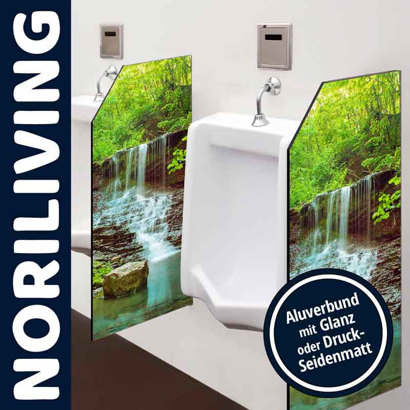 Urinaltrennwand mit Wasserfallmotiv und der Aufschrift 'Aluverbund mit Glanz oder Druck-Seidenmatt' von Noriliving