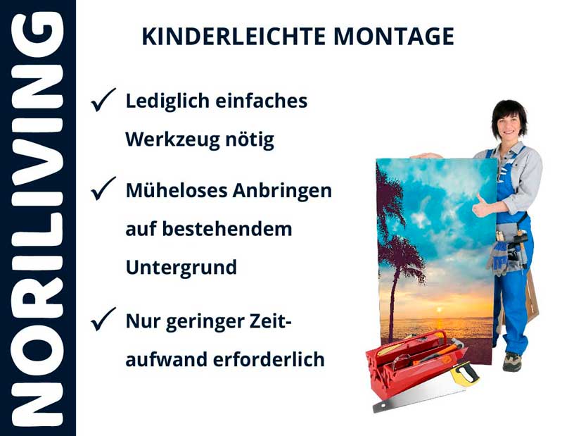 NORILIVING Präsentation kinderleichter Montage mit einfacher Werkzeuganwendung, geringer Zeitaufwand erforderlich.