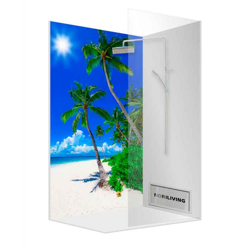 Duschkabine mit Strand- und Palmenmotiv für ein tropisches Duscherlebnis