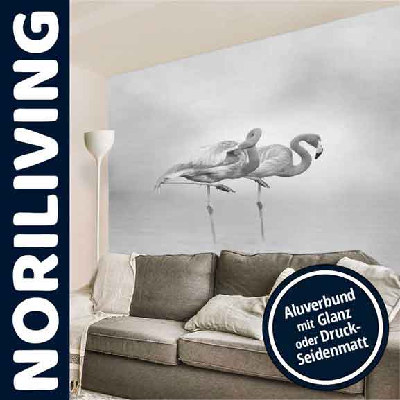 Moderne Wohnzimmergestaltung mit Flamenco-Wandbild von Noriliving Schwarze Sofa-Garnitur vor einer Wand mit großem Wandbild von Flamingos in einem modernen Wohnzimmer von Noriliving, Alubund Glanz oder Druck-Seidenmatt
