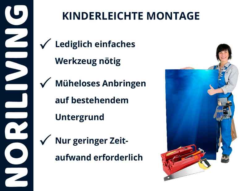 NORILIVING Werbung: Einfache Montage mit minimalem Aufwand, Person mit Werkzeug zeigt auf Paneel