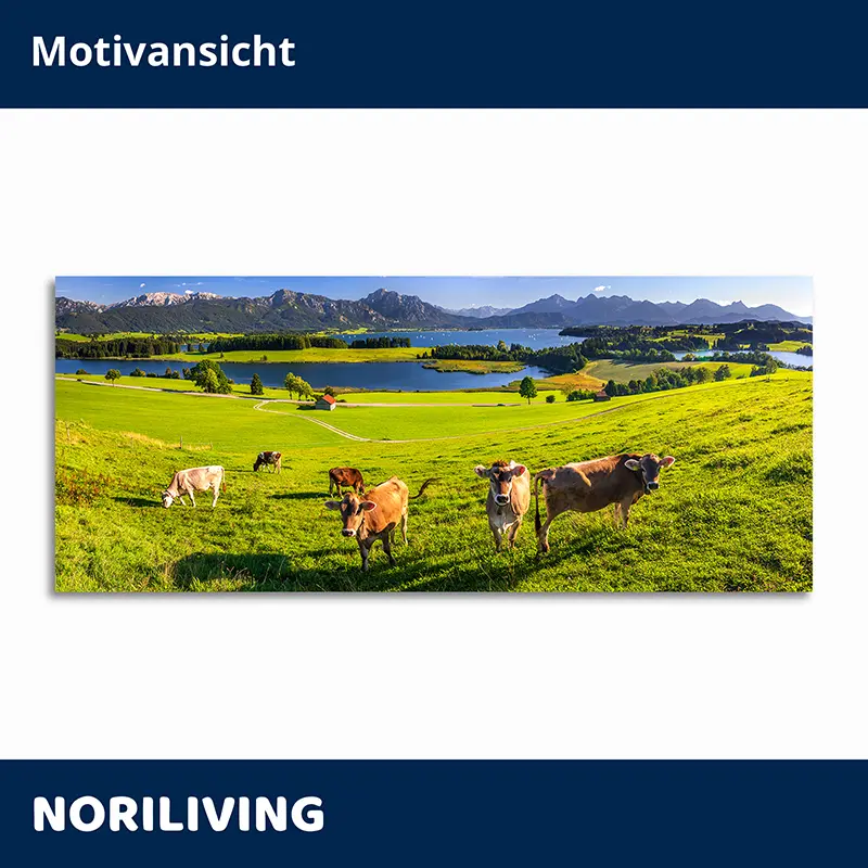 Bergpanorama mit Kühen auf grüner Wiese am See