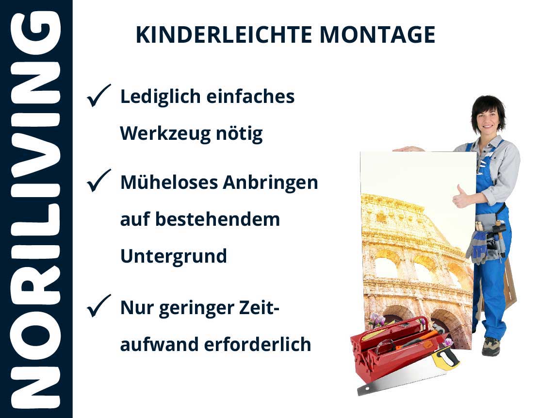 NoriLiving Werbebild: Einfache Montage mit minimalem Werkzeugaufwand, müheloses Anbringen und geringer Zeitaufwand. Person hält ein Bild in der Hand.