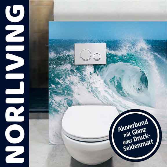 Toilette mit kreativem Ozeanmotiv auf Aluverbundplatte in Glanz oder Seidenmatt von Noriliving Moderne Toilette mit hinterer Wandverkleidung im Ozeanwellendesign, angeboten von Noriliving, verfügbar in Glanz oder Druck-Seidenmatt