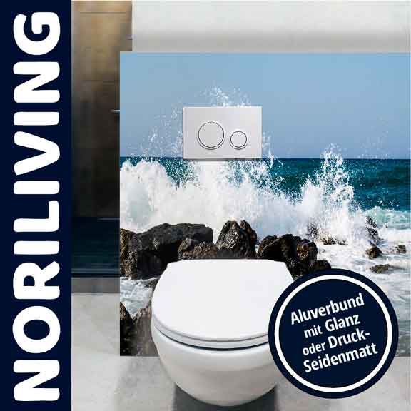 Moderner WC-Spülkasten mit Meeresbild und Aluminium-Tasten WC mit Spülkasten, dekoriert mit Meeresmotiv und Tasten aus Aluminium, beworben von Noriliving